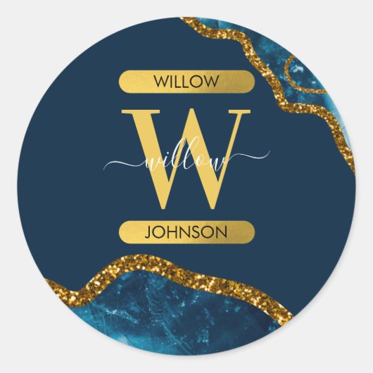 Monogram blauw en goudgrijs Geode Glitter Ronde Sticker (Voorkant)