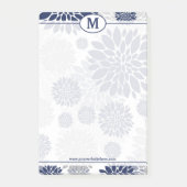 Monogram blauw en grijs bloemenpatroon post-it® notes (Voorkant)