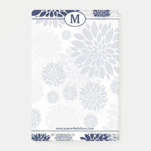 Monogram blauw en grijs bloemenpatroon post-it® notes