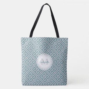 Monogram blauw en grijze rode Griekse sleutelmotif Tote Bag