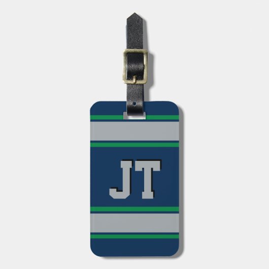 Monogram Blauw en Groene Sportstripes Bagagelabel (Voorkant verticaal)