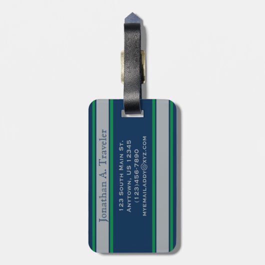 Monogram Blauw en Groene Sportstripes Bagagelabel (Achterkant verticaal)