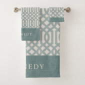 Monogram blauw en ivory Trellis | Boerij Bad Handdoek (Insitu)
