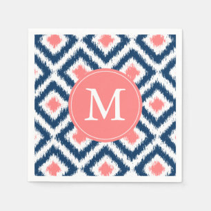 Monogram blauw en koraal Ikat Patroon Servetten