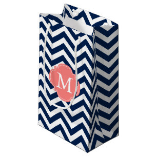 Monogram blauw en koraal zigzag Patroon Klein Cadeauzakje