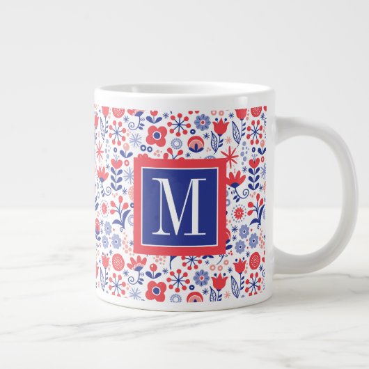 Monogram | Blauw- en koraalpatroon Extra Grote Beker (Rechts)