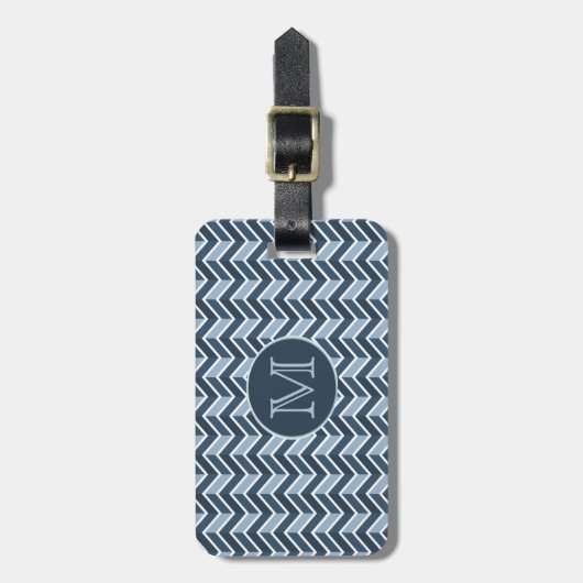 Monogram blauw en marineblauw Chevron Pattern Bagagelabel (Voorkant verticaal)