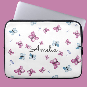 Monogram Blauw en roze vlinder Laptop Sleeve