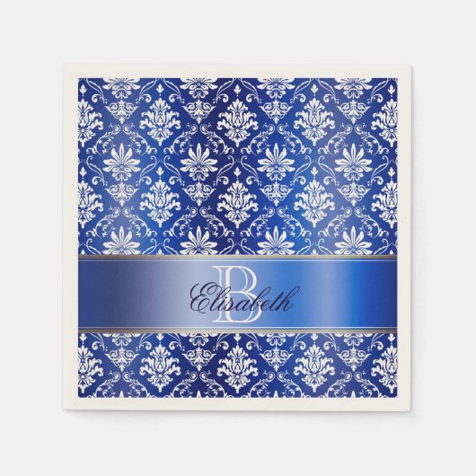 Monogram blauw en wit damast servet (Voorkant)