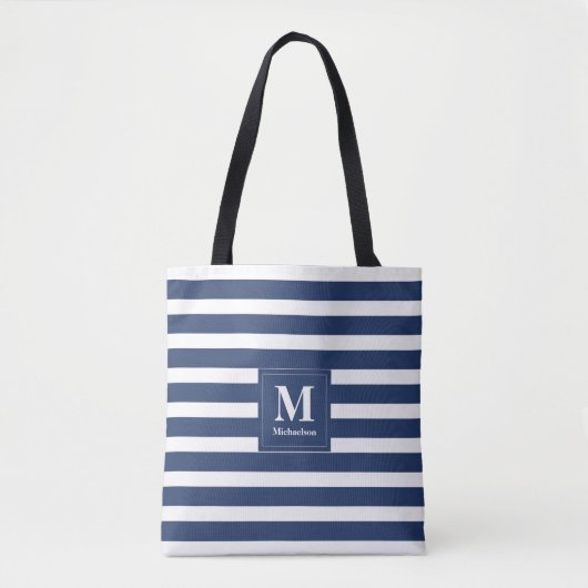 Monogram blauw en wit gestreept draagtas (Voorkant)