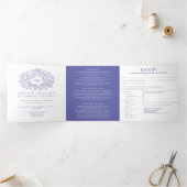 Monogram blauw en witte bruiloft drieluik uitnodiging (Binnen)