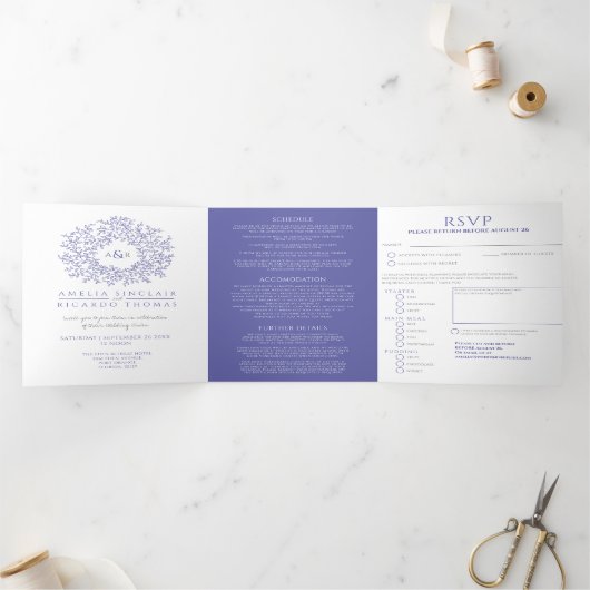 Monogram blauw en witte bruiloft drieluik uitnodiging (Binnen)