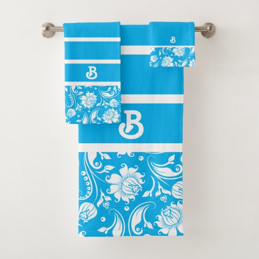 Monogram blauw en witte  dampmaskers bad handdoek (Insitu)