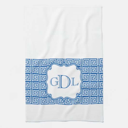 Monogram Blauw en Witte Griekse Keukenhanddoek (Verticaal)