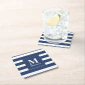 Monogram Blauw en Witte Striped Vierkante Kartonnen Onderzetter (Insitu)