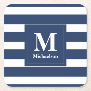 Monogram Blauw en Witte Striped Vierkante Kartonnen Onderzetter