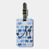 Monogram blauw Floral Pattern Elephants Bagagelabel