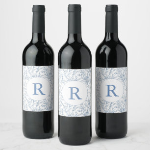 Monogram Blauw Frans Bloemen Toile Wijn Label Etiket