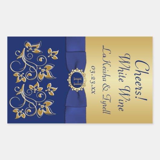 Monogram Blauw, Goud Bloemen Wijn Label Sticker (Voorkant)