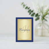 Monogram Blauw Goud Scroll Receptie Behuizing Kaar Informatiekaartje (Staand voorkant)