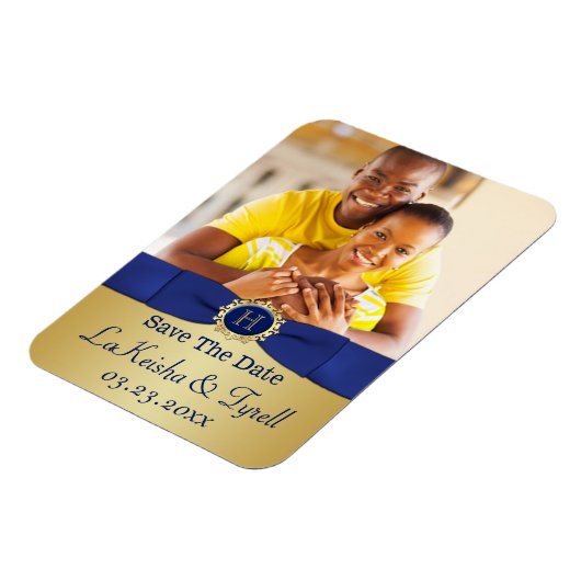 Monogram Blauw, Goud Sla de Datum Fotomagneet op Magneet (Linkerzijde)