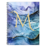 Monogram Blauw & Goud Vloeiende Alcohol Inkt Abstr