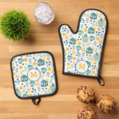 Monogram blauw gouden thee ovenwant & pannenlap set (Top down)