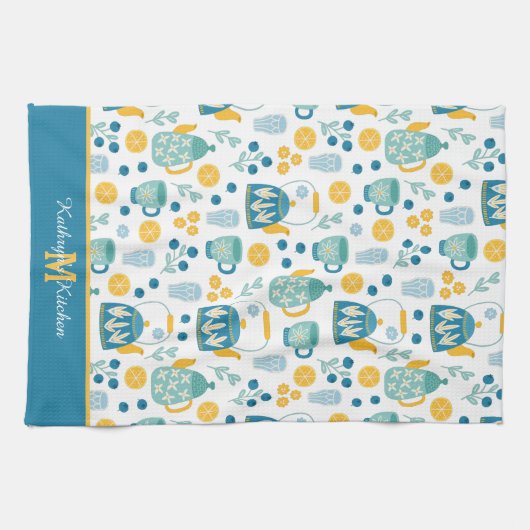 Monogram blauw gouden thee theedoek (Horizontaal)