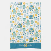 Monogram blauw gouden thee theedoek (Verticaal)