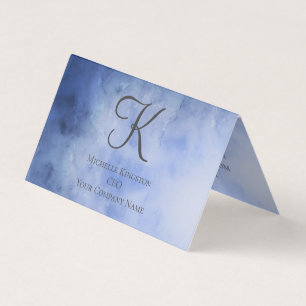 Monogram Blauw Grijs Aquarel Vouw Tent Visitekaartjes