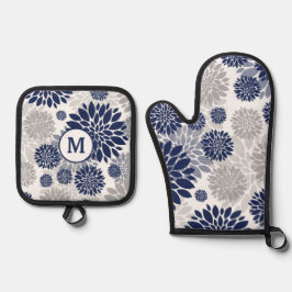 Monogram blauw grijs bloempatroon ovenwant & pannenlap set