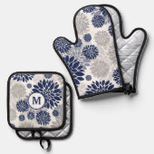 Monogram blauw grijs bloempatroon ovenwant & pannenlap set (Voorkant / Achterkant)