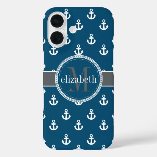 Monogram blauw grijs witte scheepsankermonogram Case-Mate iPhone case (Achterkant)