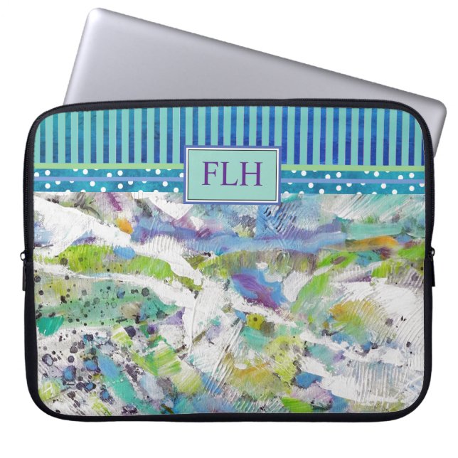 Monogram Blauw Groene Abstracte Kunst & Stripes Laptop Sleeve (Voorkant)