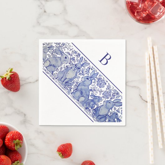 Monogram Blauw Konijn Dier Whimsical Custom Napki Servet (Insitu)
