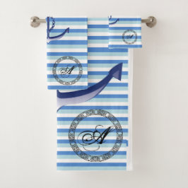 Monogram blauw marineanker op blauwe strepen bad handdoek