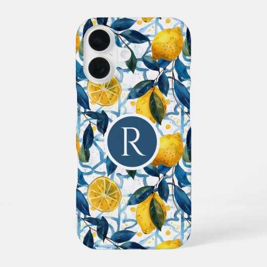 Monogram Blauw Mediterraan Stijl Citroen Patroon iPhone 16 Hoesje (Achterkant)