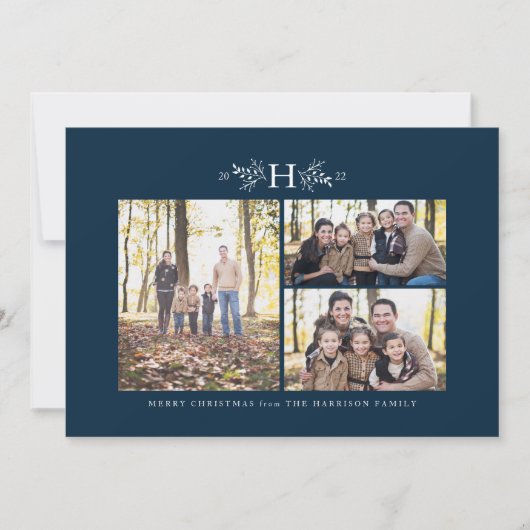 Monogram blauw met drie foto's kerstkaart (Voorkant)