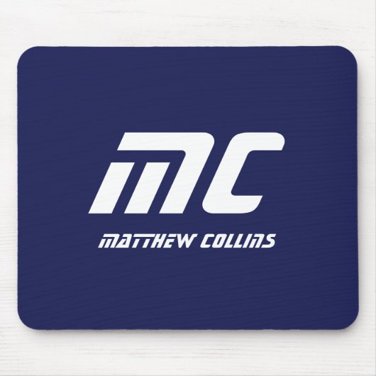 Monogram Blauw Moderne Minimalistische Naam Wit Ee Muismat (Voorkant)