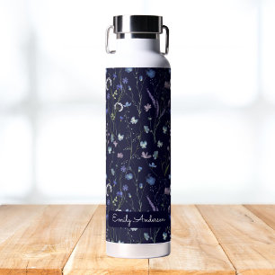 Monogram Blauw Paars Mooi Wilde Bloem Bloemmotief Waterfles