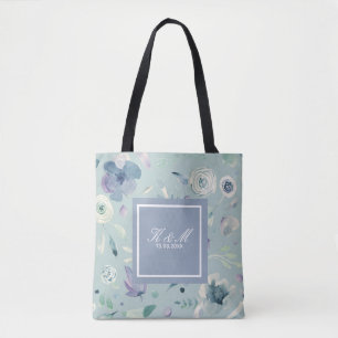 Monogram Blauw Paarse Aquarel Bloemenpatroon Draagtas