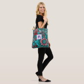 Monogram Blauw Rood Bloemen Draagtas (Op model)