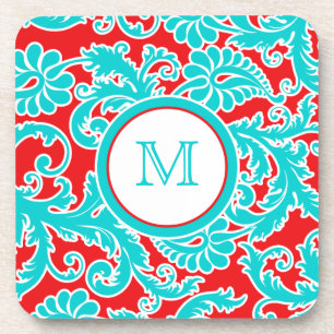 Monogram Blauw, Rood, White Damask Onderzetter Set