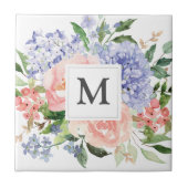 Monogram Blauw Roze Hydrangea Pioen Lente Bloemen Tegeltje (Voorkant)