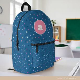 Monogram Blauw Schattige Harten Print Gesneden Naa Bedrukte Rugzak