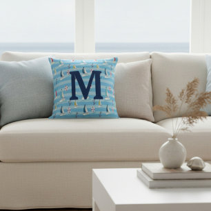 Monogram Blauw Scheepsanker en Zeilboot Kussen