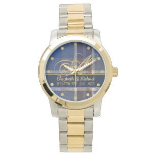 Monogram Blauw Tartan Schotse Huwelijkscadeaus Horloge
