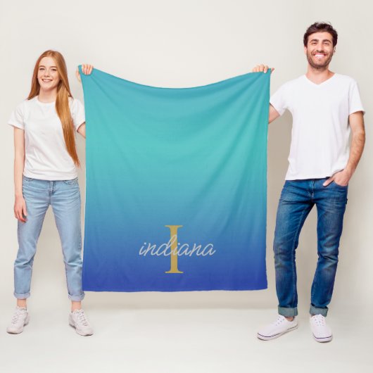 Monogram Blauw Turquoise Modern Script Naam Fleece Deken (In situ)