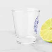 Monogram Blauw Victoriaans Bruiloft Crest Custom Shot Glas (Links)