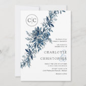 Monogram blauw waterverf bloemenlineart bruiloft kaart (Voorkant)